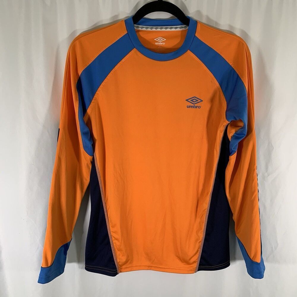Umbro Shirt Boys Large 14 16 Orange Blue Long Sleeve Pullover Crew Neck